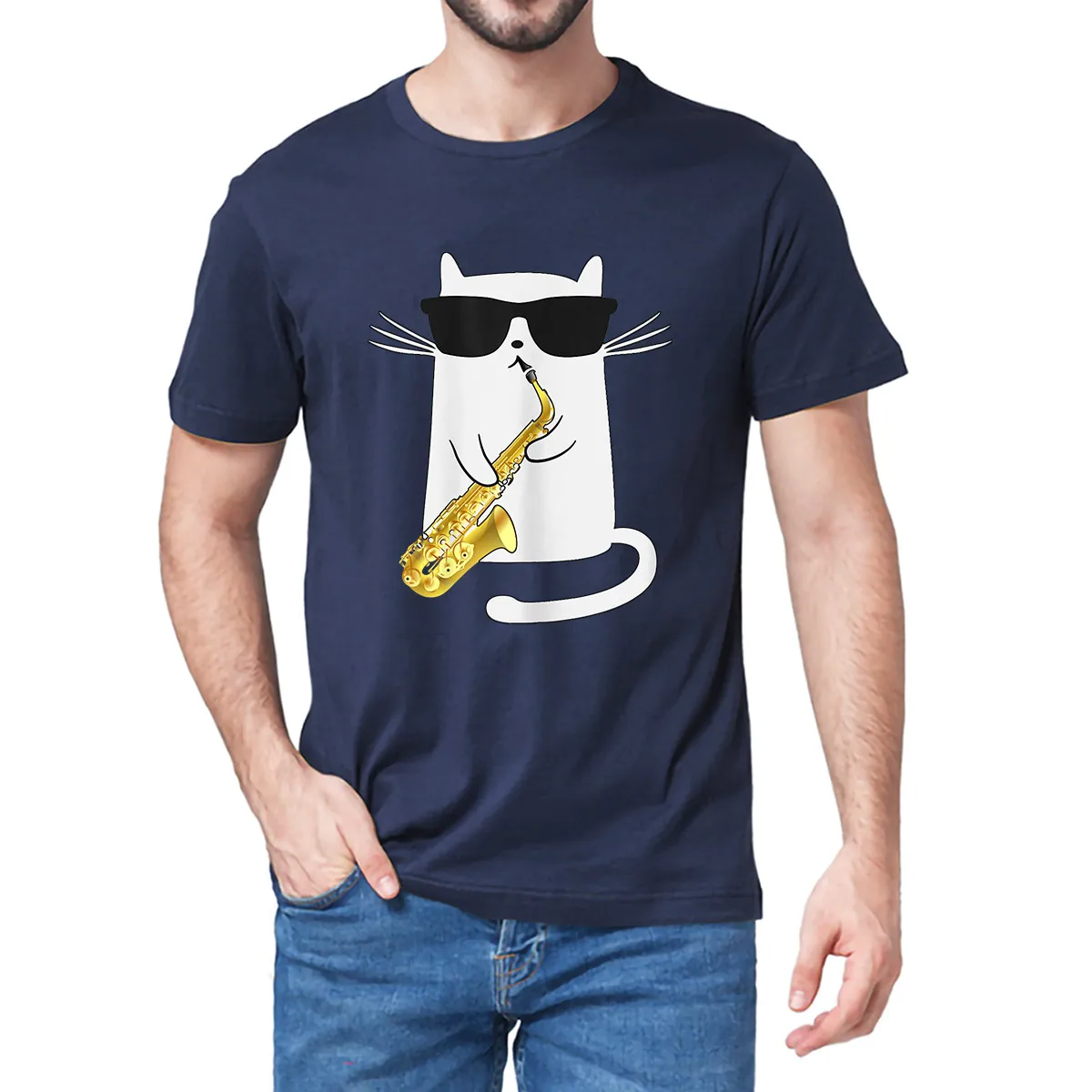 Unisex 100% Cotton Funny Cat Shirt Saxophone Music Gift Men T-Shirt Oversized Casual Tee Clothing Streetwear