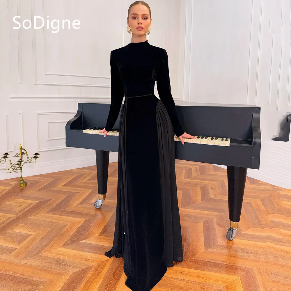 SoDigne Black Velvet Prom Dresses Full Sleeves Sheath Mermaid Party Dress Charming Formal Prom Gowns Customized