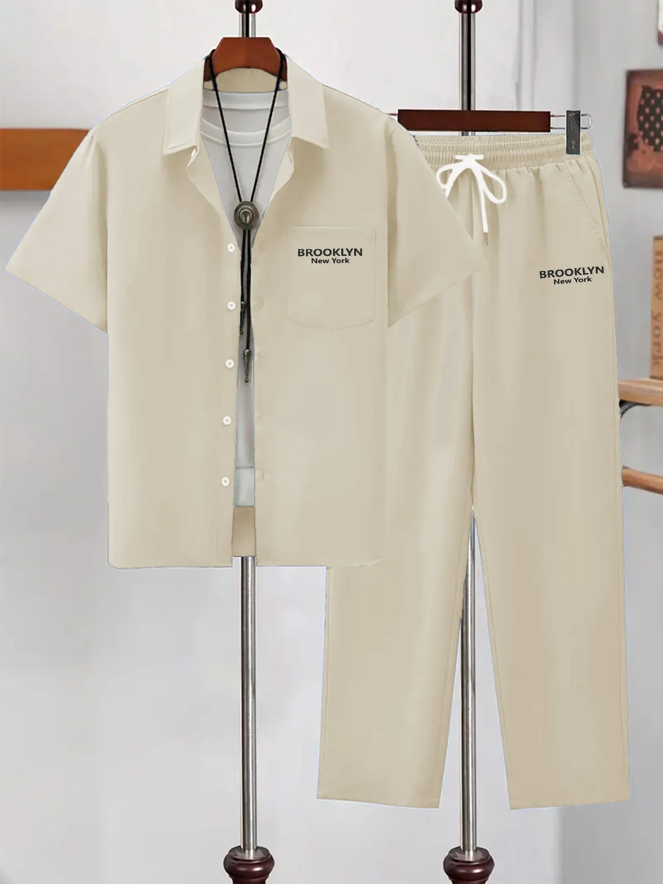 

Men's Smart Casual Solid Color Set, Letter Embroidery Short Sleeve Shirt & Pants for Daily Wear