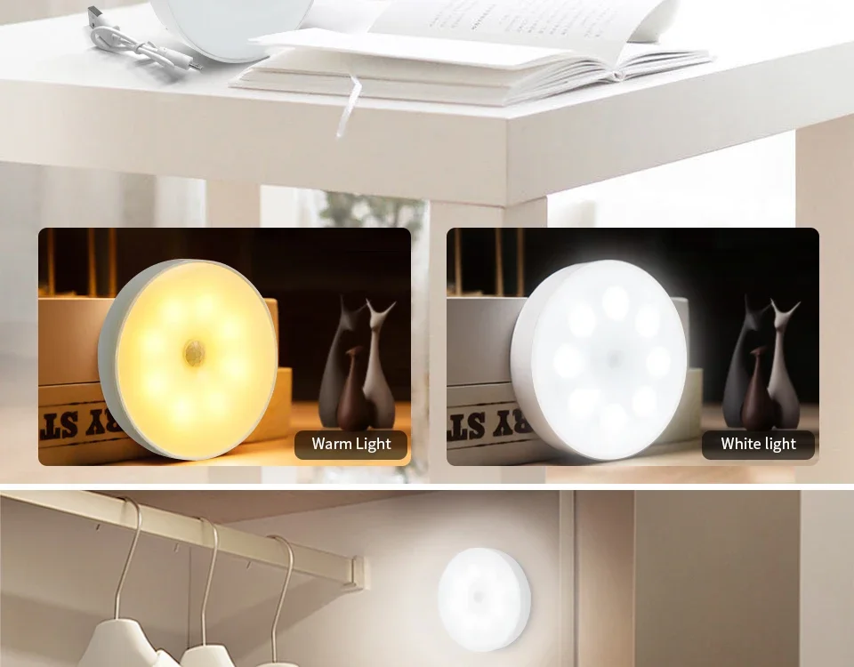 Lot De 2 Veilleuses LED Détecteur Mouvement – Rechargeable USB, 3 Couleurs, Idéale Escalier & Chambre