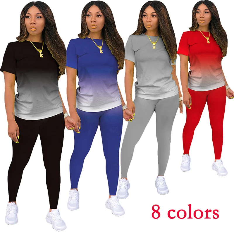 

New Women's Short Sets Casual Sports Two Piece Set Short Sleeve T-shirt Summer Fashion Gradient Printed Tracksuit Outfits8Colors