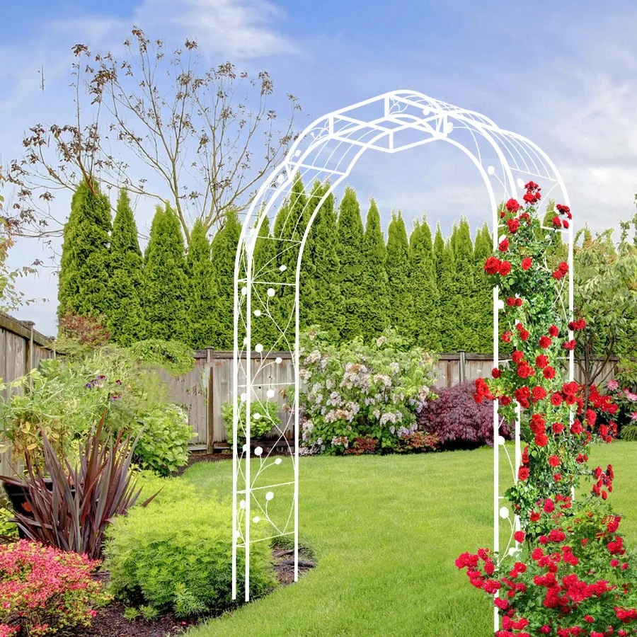 

Metal Garden Arch W74.4'' x H98.4'' Garden Arbor Trellis Climbing Plants Support Rose Arch Outdoor Arch Cream White