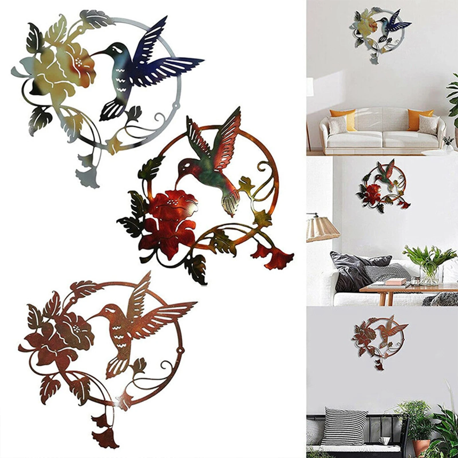 Metal Wall Art Wall Decor Red Circle Bird On Branch Silhouette Laser Cut Iron For Living Room Bedroom Garden 30cm