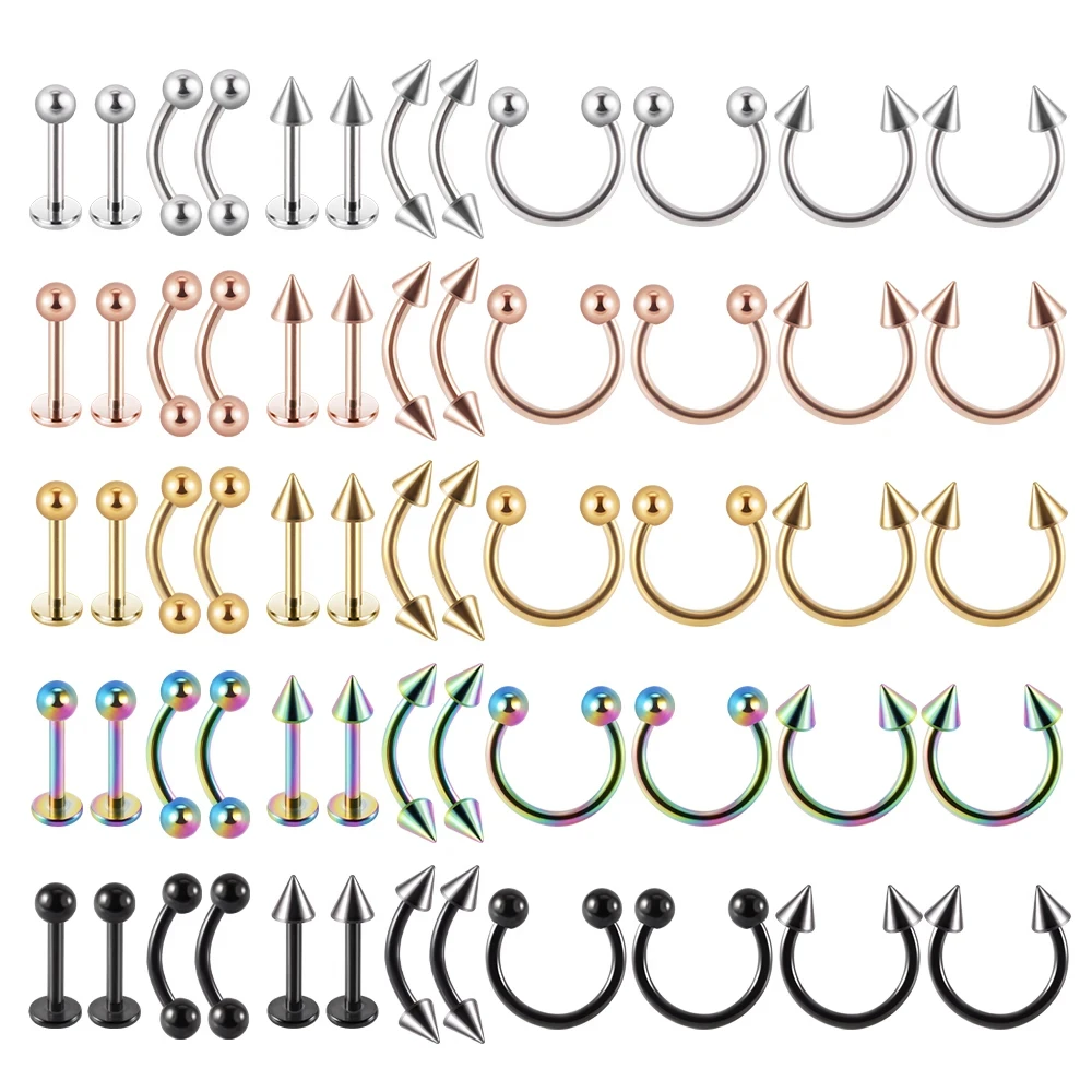 12pcs/1pcs Surgical Steel Silver Color Gold Plated Black Rainbow Ear Nose Eyebrow Labret Basic Piercing Jewelry Set 6mm/8mm/10mm