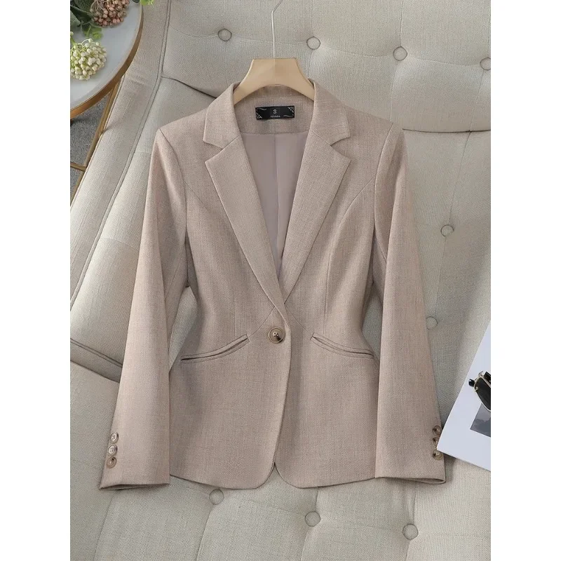 Blazer formal feminino, manga comprida, botão único, roupa de trabalho de negócios, jaqueta elegante para senhoras, cinza cáqui e azul, outono e inverno