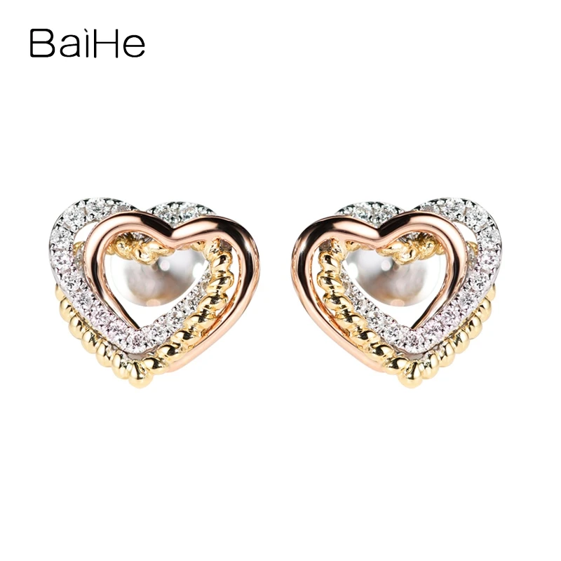 BAIHE Solid 14K White+Yellow+Rose Gold H/SI Natural Diamond Heart Stud earrings for women Fine Jewelry Brincos de coração серьги