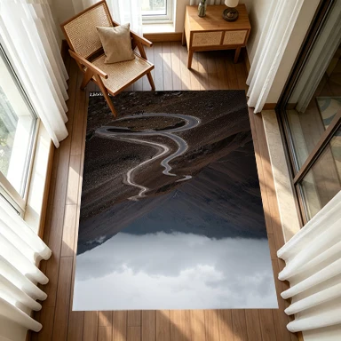 Aerial View Winding Mountain Curved Road Carpet Flooring, Misty Highland Landscape Non-Slip Area Rug for Living Room Bedroom Office Home Decor