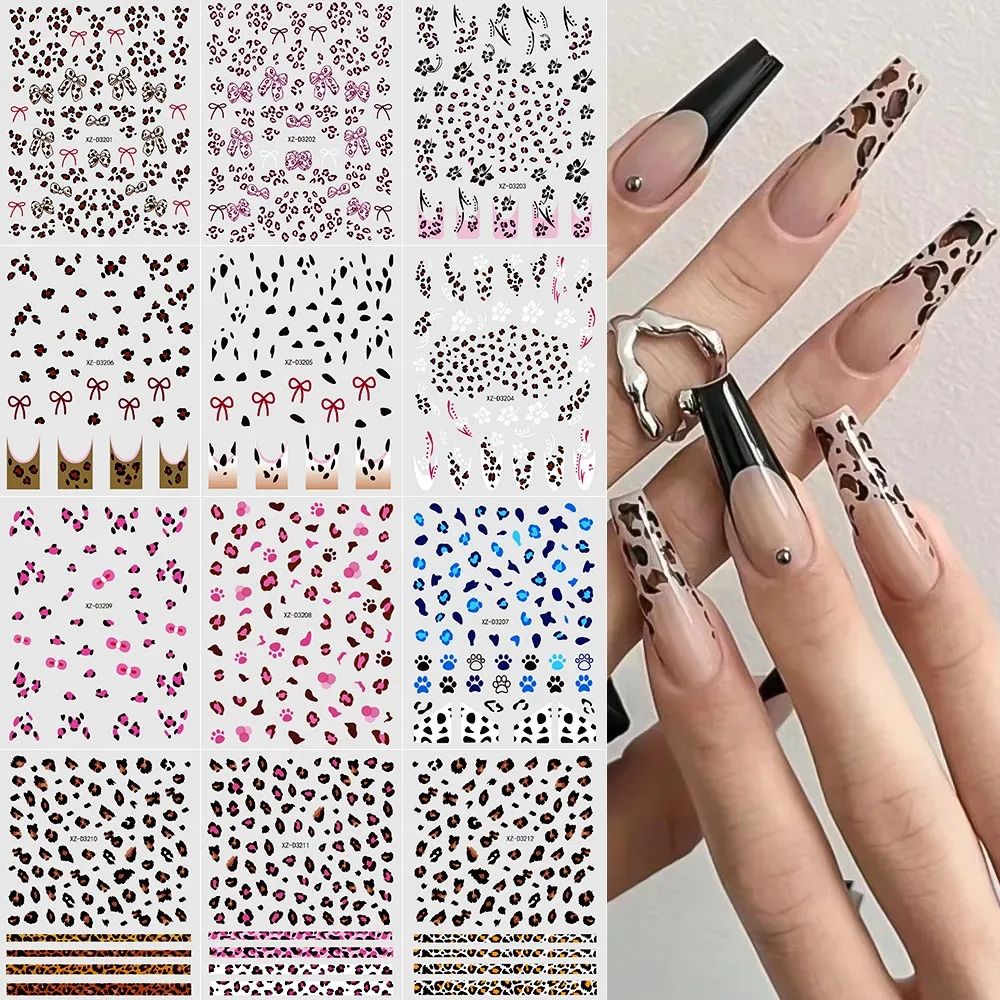 1pcs Leopard Bow Flowers 3D Nail Art Stickers Black White Pink Blue Leopard Nail Decals Autumn Brown Adhesive Sliders Decoration