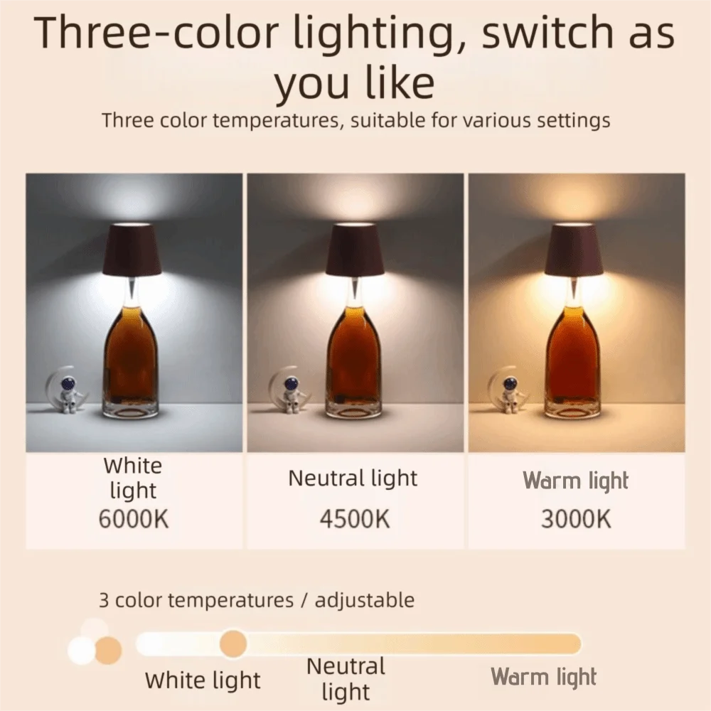 

USB Charge Wine Bottle Lamp Touch Control 3 Colors Table Lamp Stepless Dimming Type C Rechargeable LED Lamp Wine Bottles