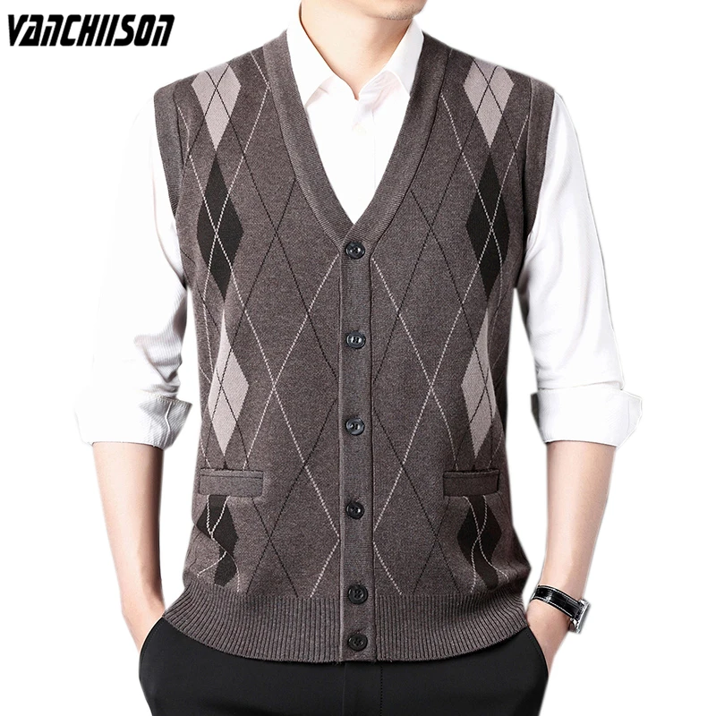 

Men Wool Knit Vest Buttons Down Cardigan Sleeveless V Neck Basic Thick for Autumn Winter Argyle Retro Vintage Male Fashion 00241