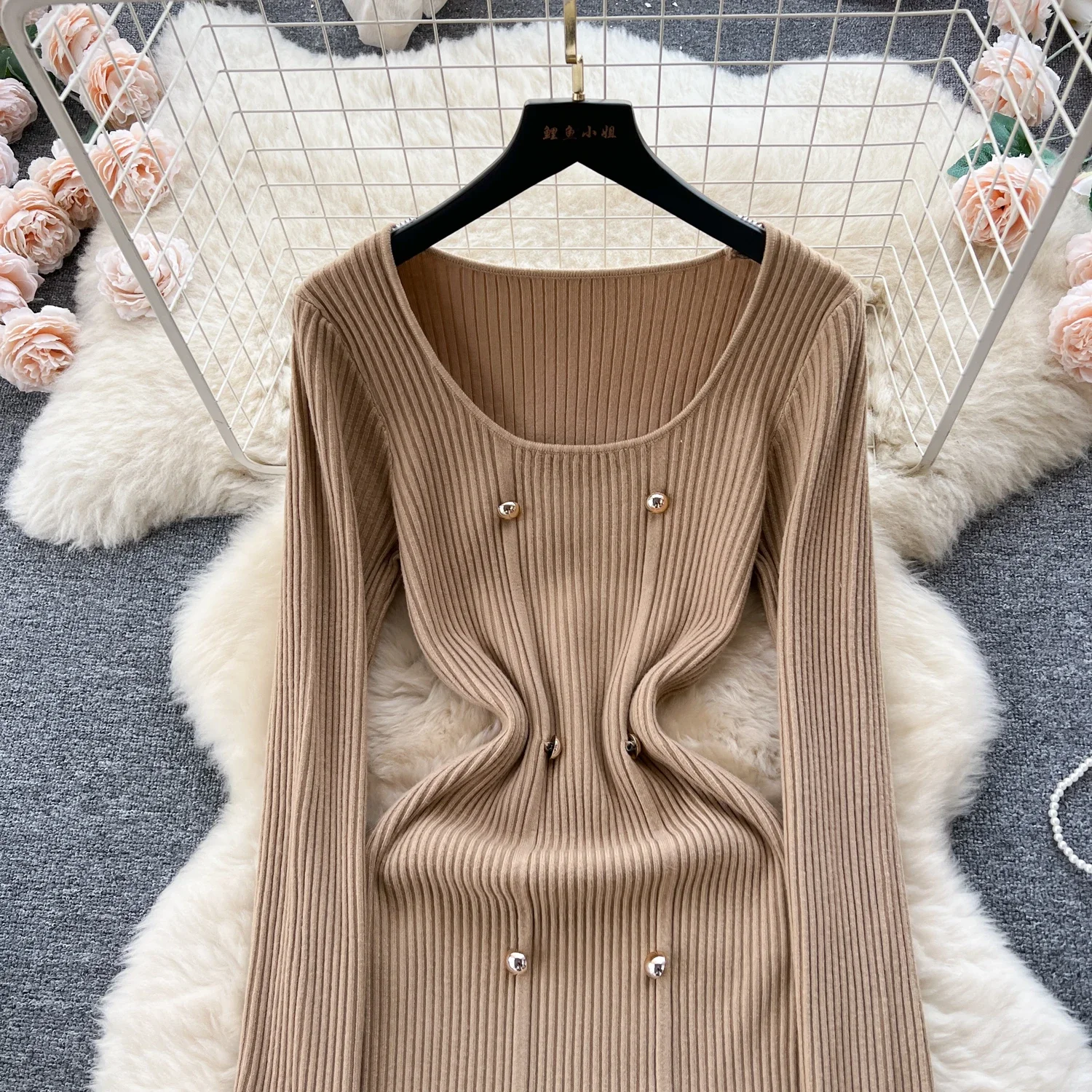 Women Soft Elegant Solid O Neck Long Sleeve Double Breasted Bodycon Dress Sexy Fashion Knit Elastic Slim Hip Wrap Sweater Dress