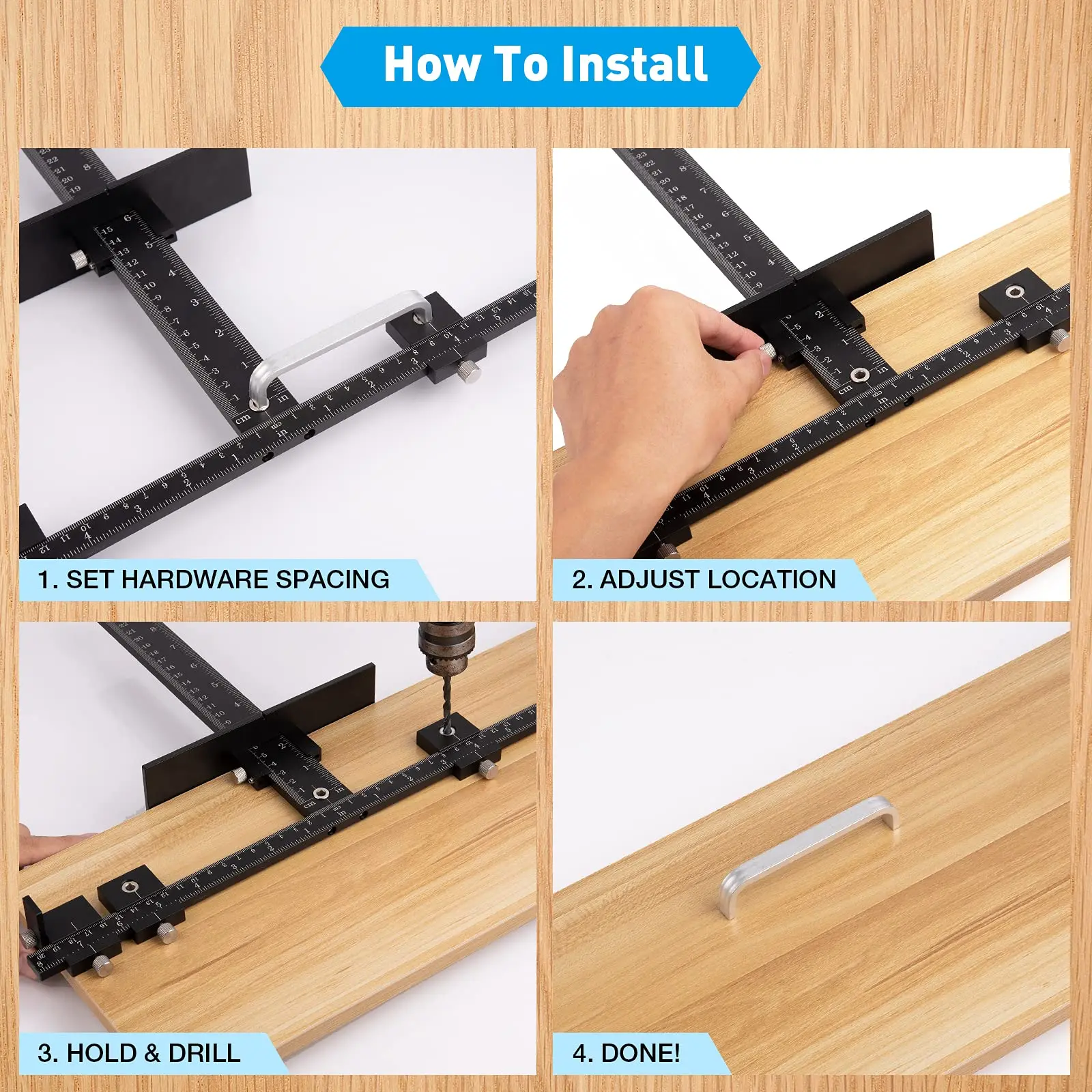 Adjustable Drill Guide Cabinet Hardware Jig for Installation Door and Drawer Front Handles Locator Woodworking Tool