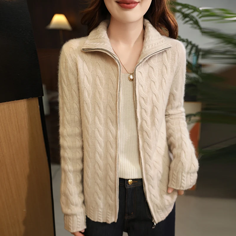 

100% Wool Autumn Winter High-neck Retro Button Flower Zipper Cardigan Thick Large-collar Knitted Jacket Top For Women JJ731