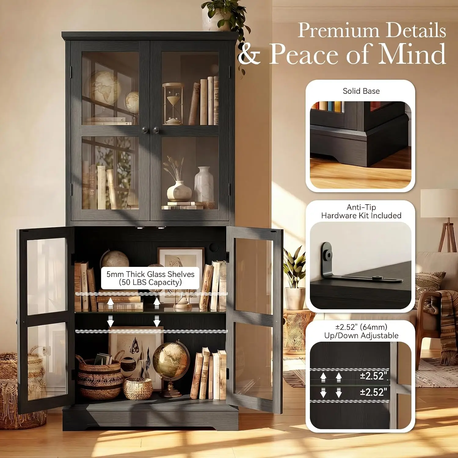 LED Bookcase Glass Doors & Storage Shelves, Display Cabinet for Books & Collectibles, Living Room Curio, 68", Customized view 4