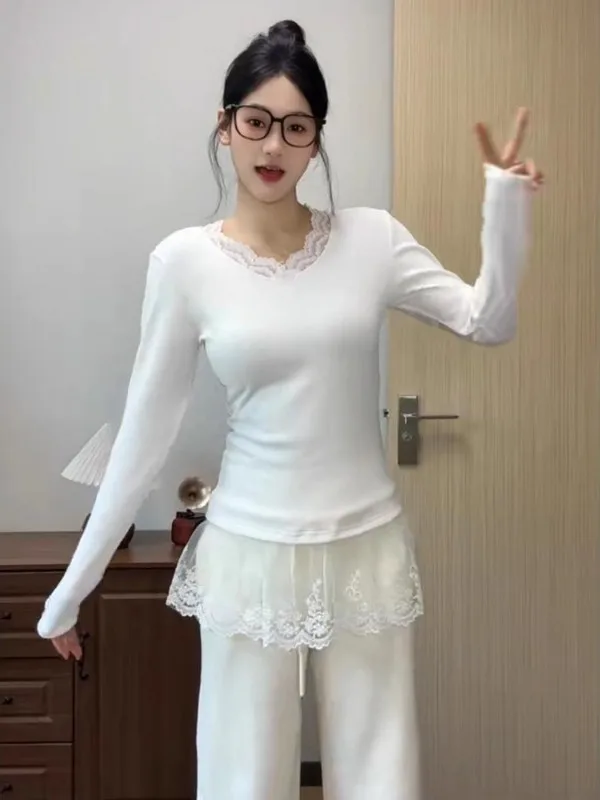 

Женская базовая футболка больших размеров с кружевной отделкой, с длинным рукавом, для многослойной носки осенью и зимой, комфортная посадка