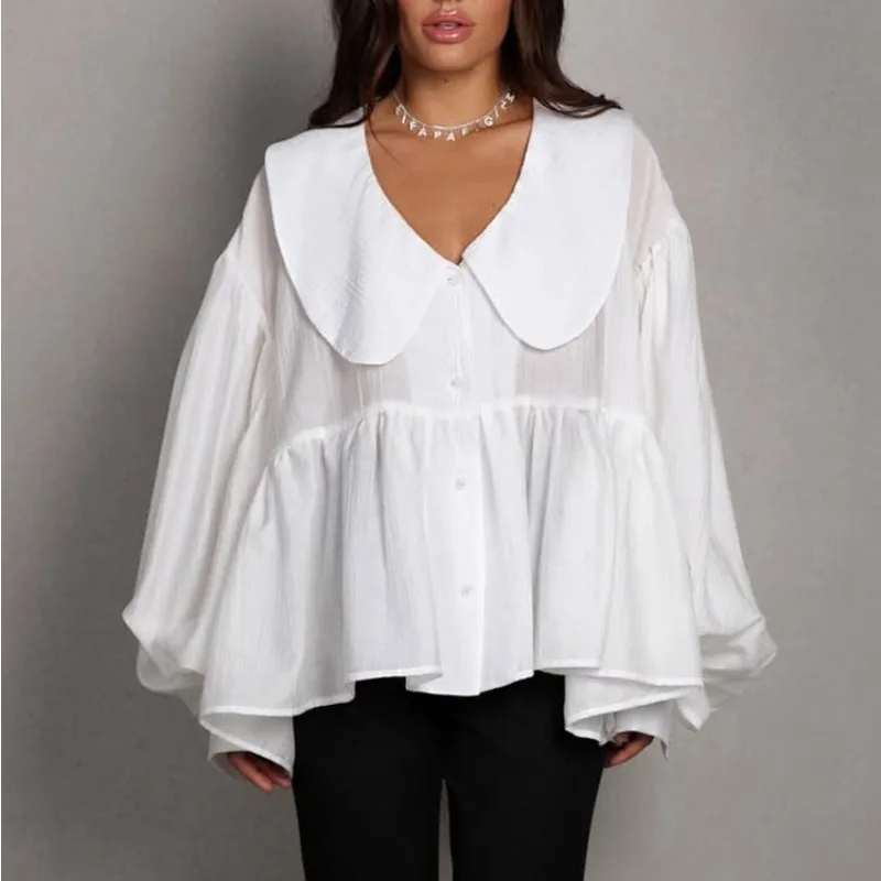 French Casual White Shirt 2025 Autumn Bubble Sleeve Temperament Loose Women's Cardigan Top