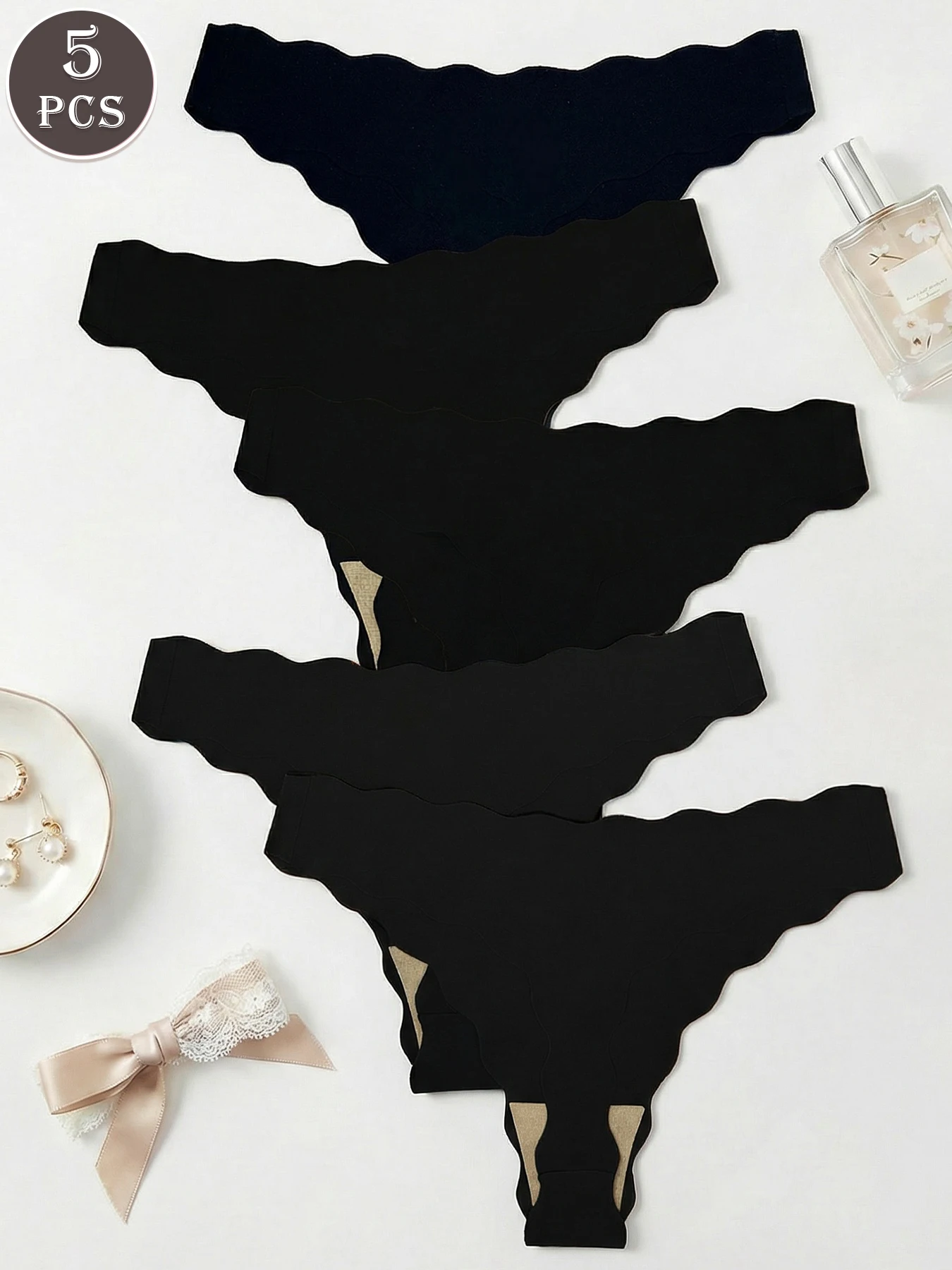 5-Pack Women's Seamless Shell Edge Thong Soft Breathable V-Shape Briefs Elegant Pure Black Comfortable Underwear for Casual Wear