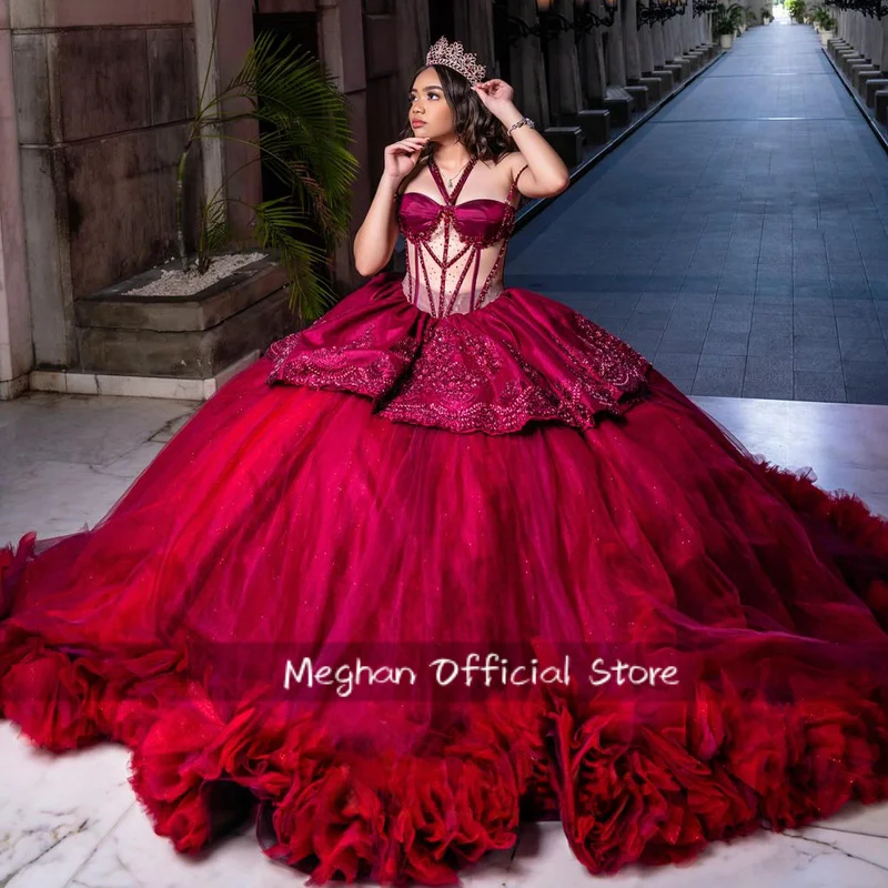 

Quinceanera Dresses Burgundy Halter Tiered Cutout Birthday Party Gowns Plus Size Vestidos De 15 Anos Customized