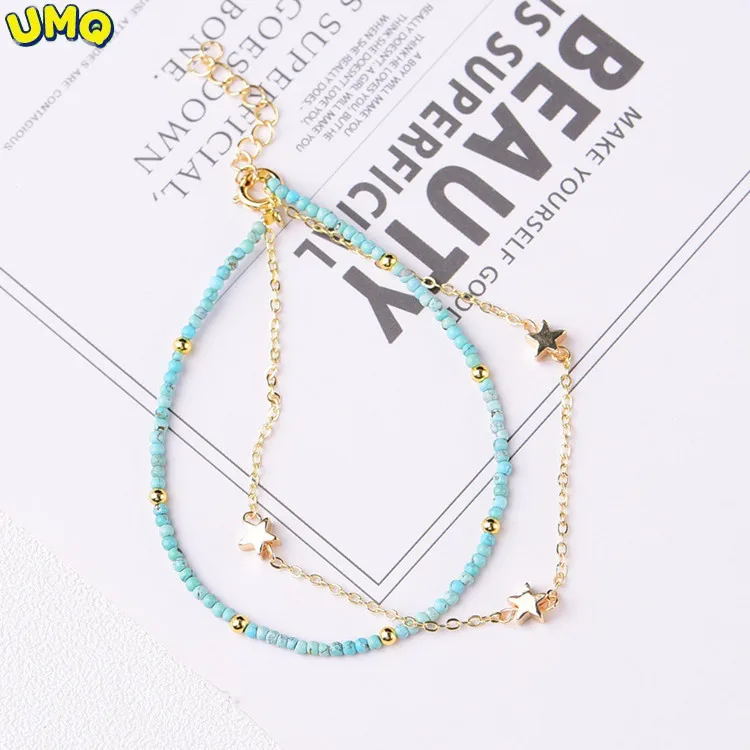 

Natural Raw Mineral Turquoise 2mm Round Bead Bracelet Female Pair with a 14k Gold Wrapped Double Layer Bracelet Inset Style Gift