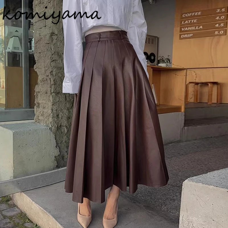 

Женская плиссированная юбка из искусственной кожи, трапециевидная юбка с высокой талией, Женская корейская мода, одежда на весну 2024