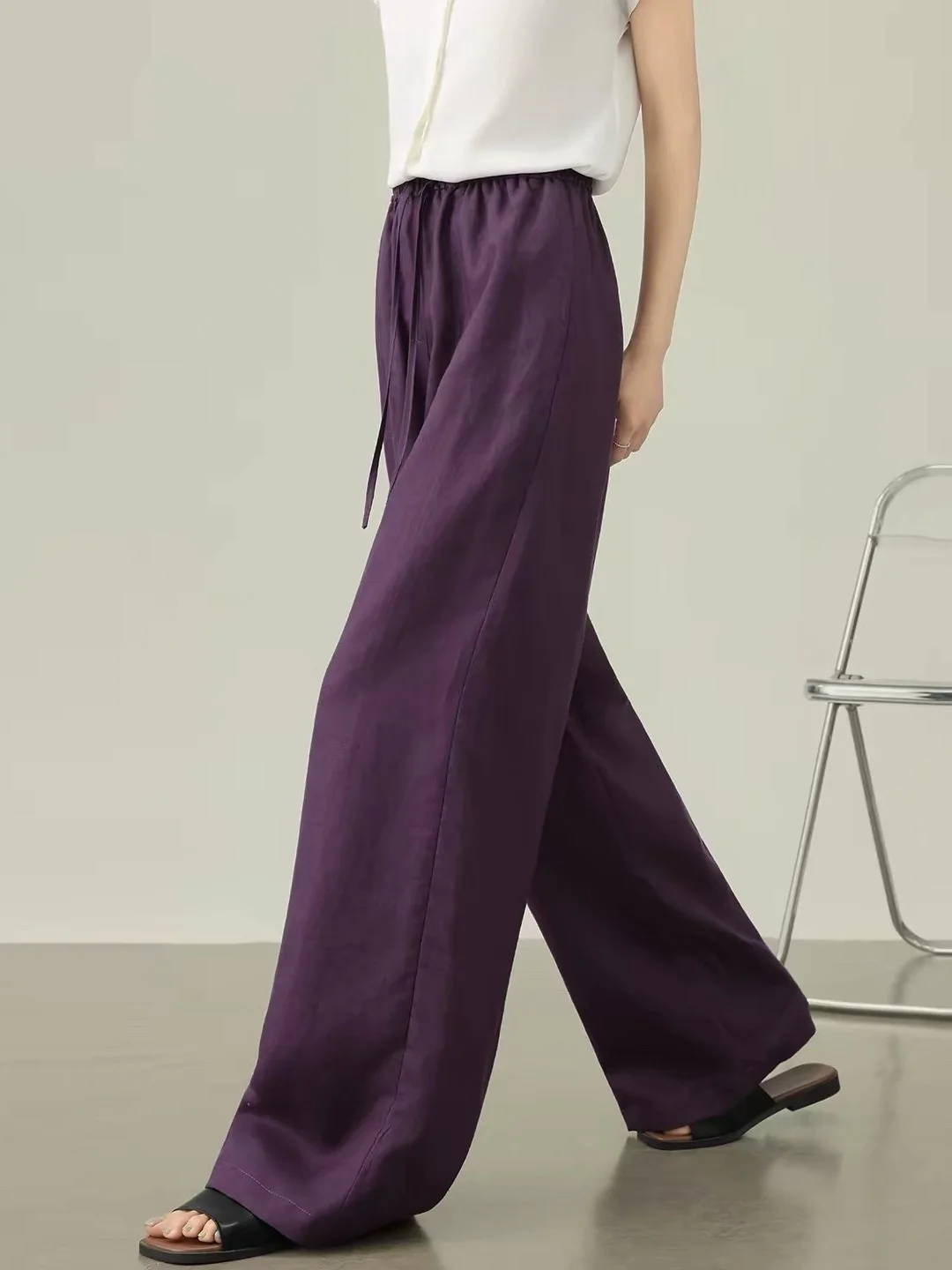 

Anti-Wrinkle Ice Silk Loose Wide Leg Pants High Waist Thin Casual Trousers for Women Straight Cut Elastic Waistband Summer 2026
