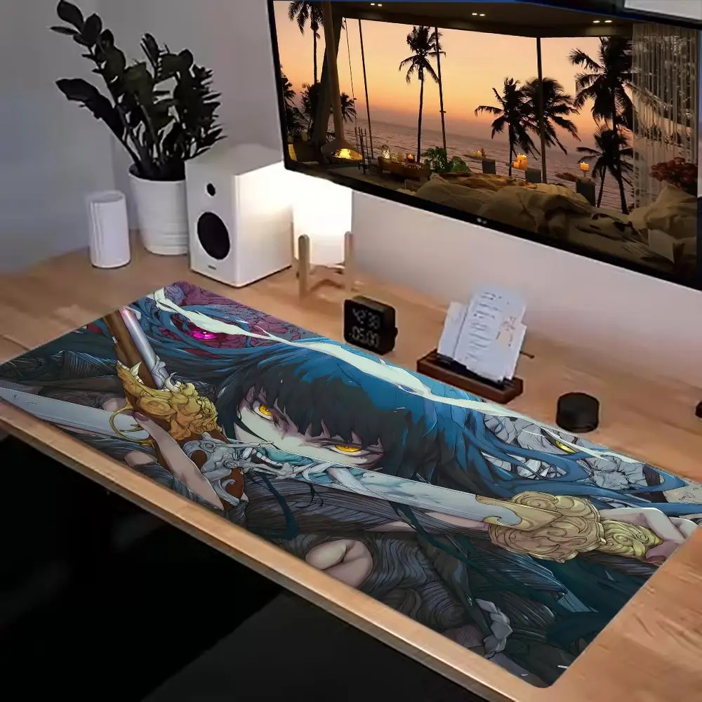 Cool Anime Warrior Girl Holding Giant Blade Floral Border For Laptop Gaming Office Desktop Playmat