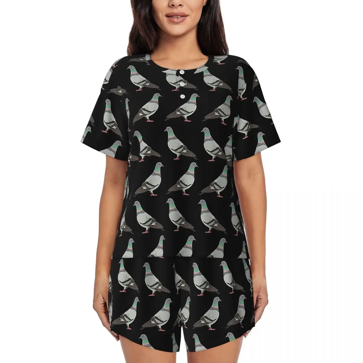 

Pigeon Walk 2020, ночные рубашки с круглым вырезом и короткими рукавами на черном фоне, женские мягкие пижамные комплекты для сна, короткие брюки