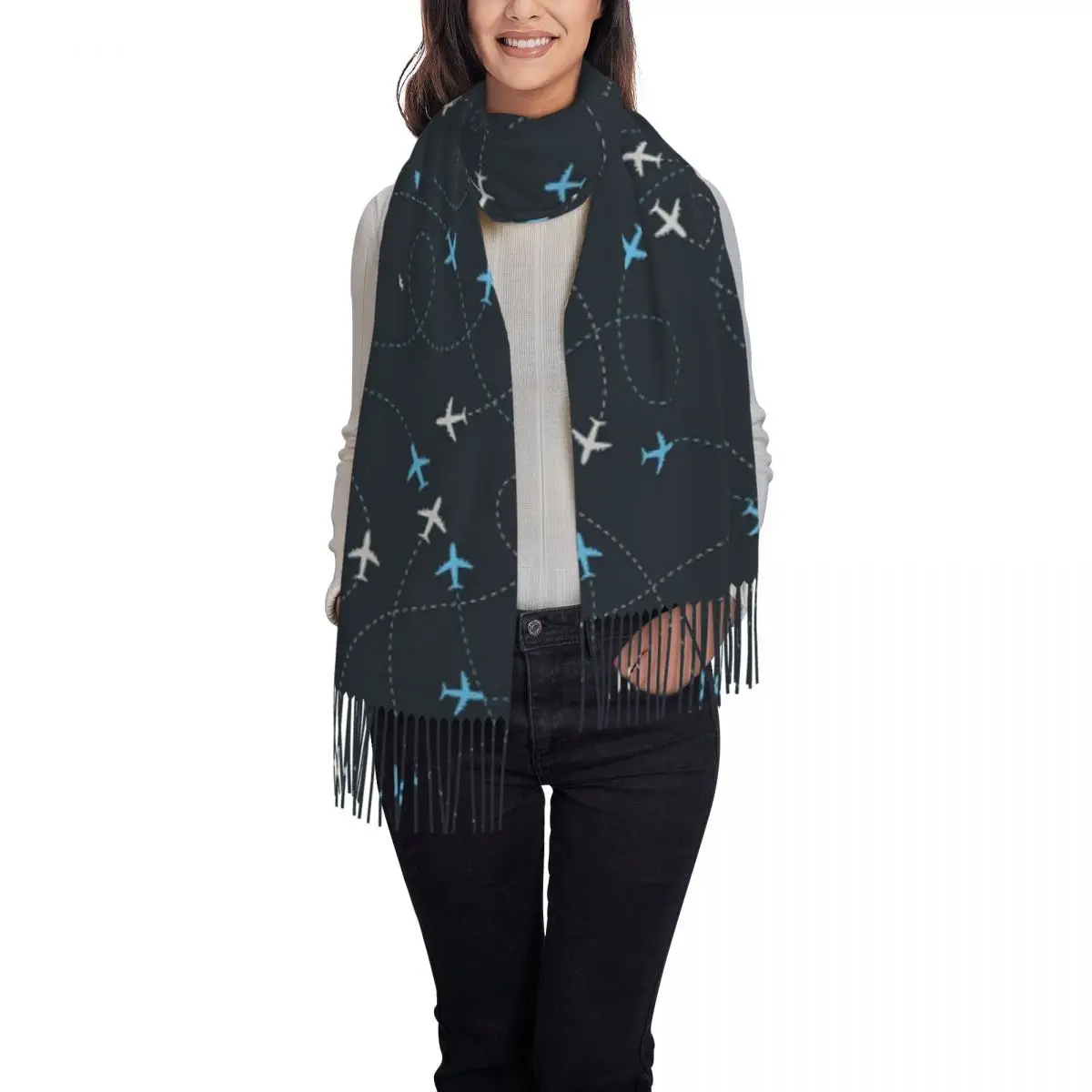 Airplane Flight Routes Captain Aviator Pilot Scarf Tassel Scarves Women Soft Warm Shawls and Wraps Large Fall Winter Shawl Wrap