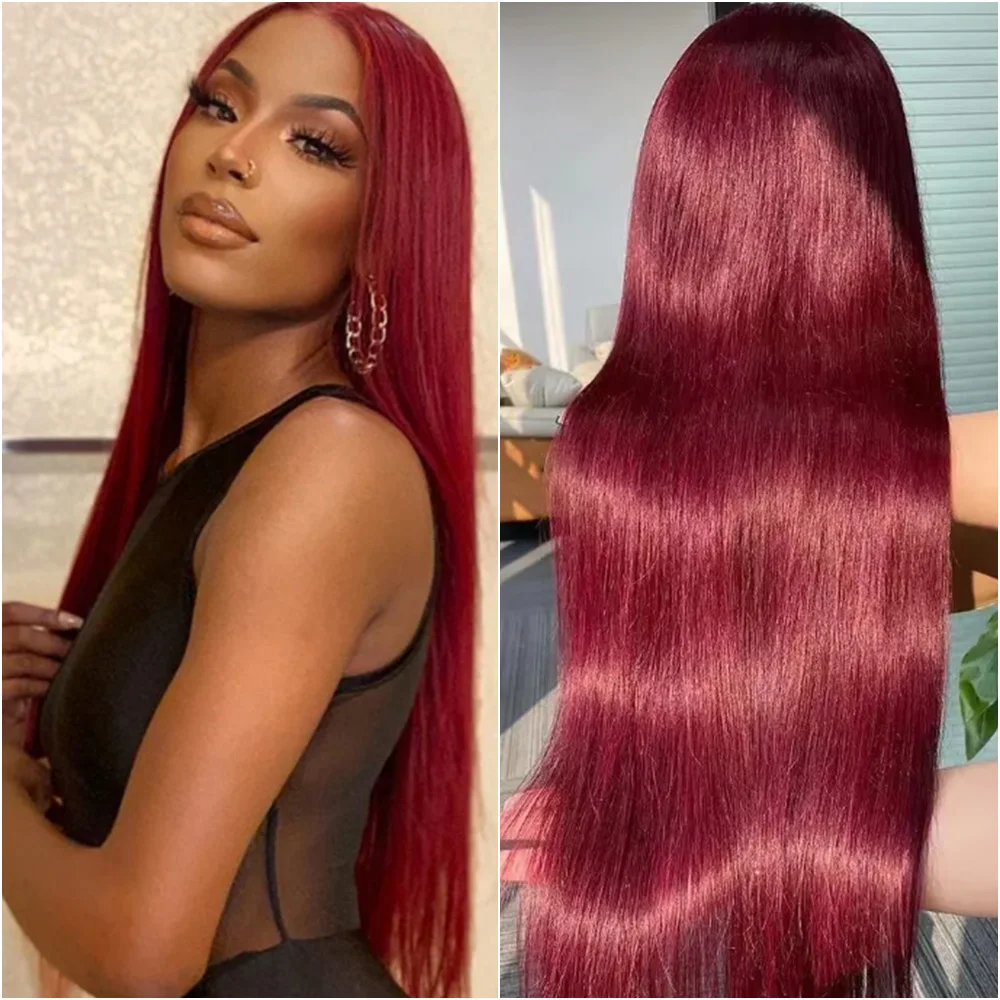 

30 40 Inch 99J Burgundy 13x4 Lace Front Wig Straight Red Colored 13x6 HD Transparent Lace Frontal Wigs 100% Human Hair for Women