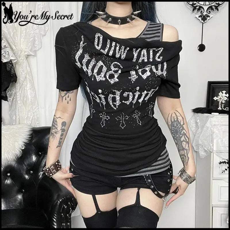 Gothic Lettering Fitted Pleated T-Shirt Women Dark Subculture Faux Two-Piece Short Sleeve Top Sexy Off Shoulder Neckline T-shirt