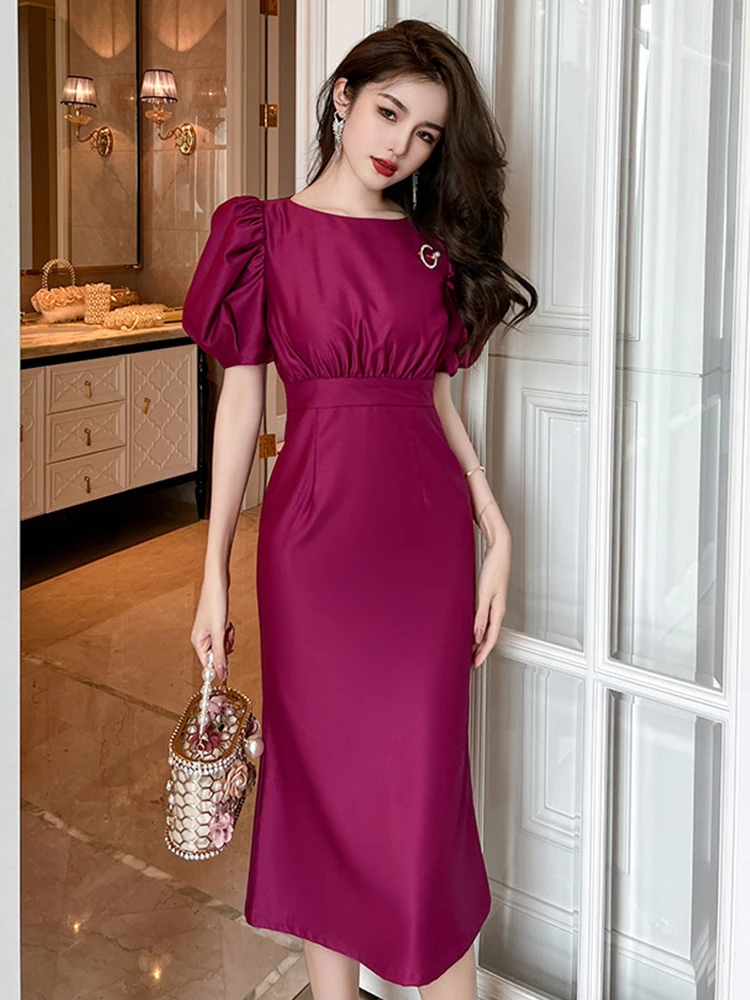 New Summer Satin Elegant Office Women abito da sera formale viola o-collo Slim Midi Party Prom Street Clothes Femme Mujer Vestido