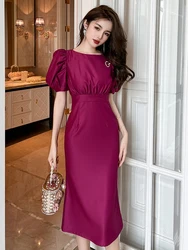 New Summer Satin Elegant Office Women abito da sera formale viola o-collo Slim Midi Party Prom Street Clothes Femme Mujer Vestido