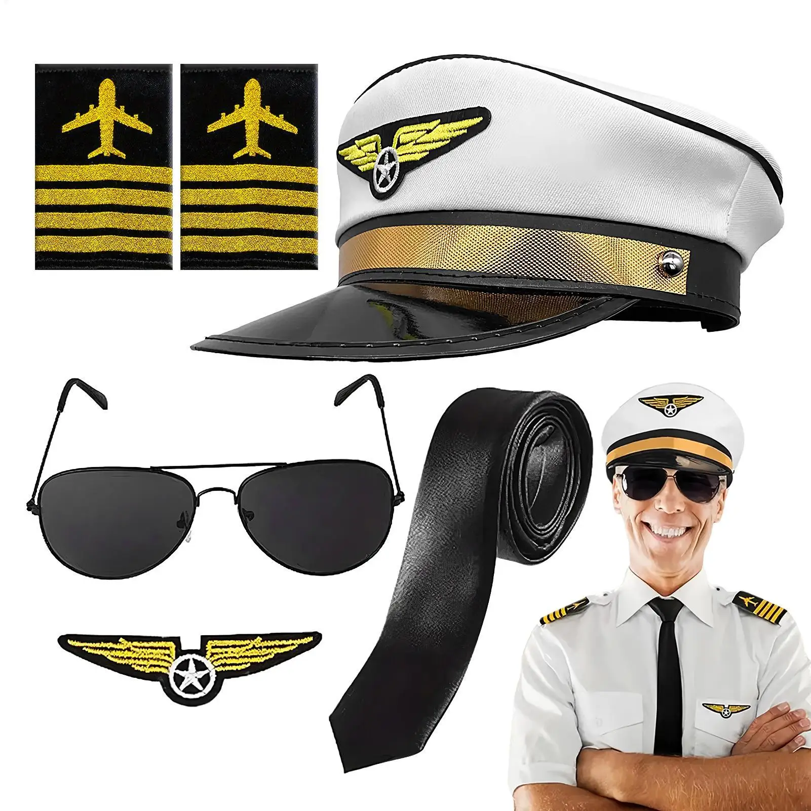 Conjunto de disfraz de piloto: sombrero de piloto, gafas de sol de aviador, parche de alas, varios accesorios, corbata y epauletas, avión, para fiesta de Halloween.