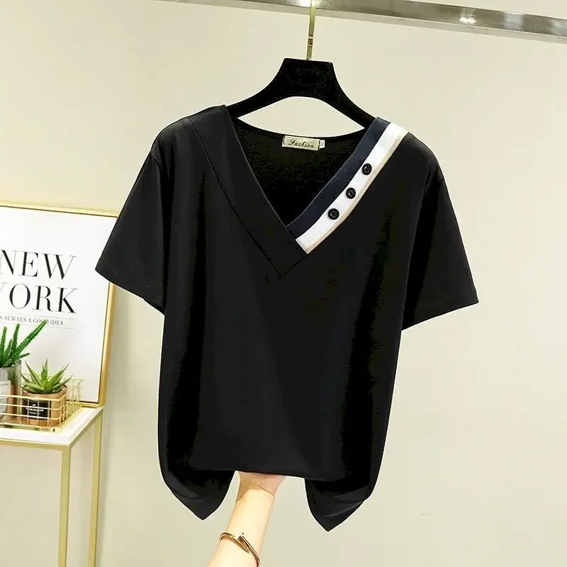 

2025 Summer T Shirts Women Korean Style Fashion Tops Loose Thin Short Sleeve T-shirt Color Matching Buttoned Oversized Tshirts