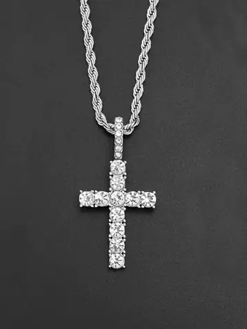 Iced Out Crystal Zircon Cross Pendant Necklace Silver Plated Twisted Chain Necklaces For Men Women