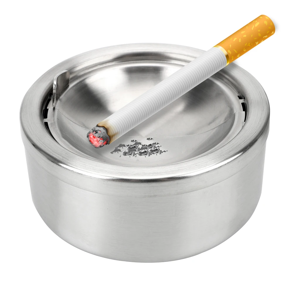 Cigarette Ashtray Stainless Steel Round With Lid Windproof Ash Storage Case