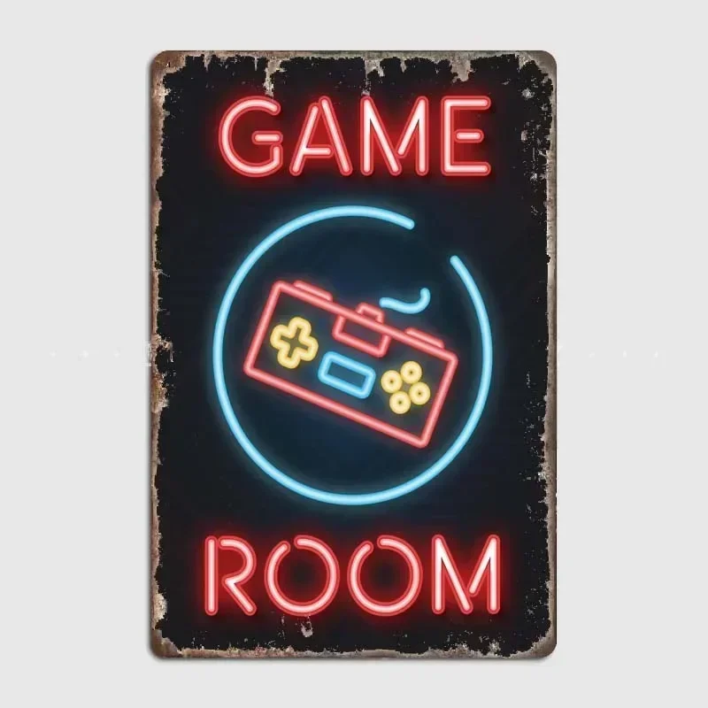 Video Game Room Neon Sign Metal Tin Plaques and Signs with Modern Art Poster Prints, Perfect for Gamer Room Decoration