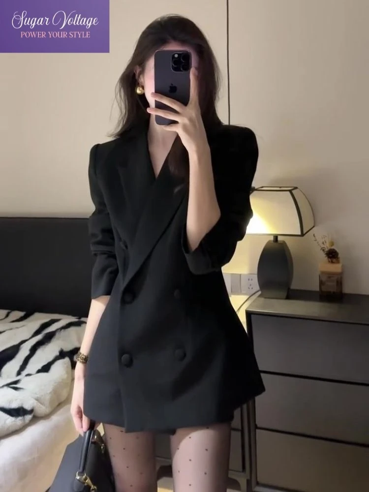 Korean Fashion Elegant Slim Fit  Blazer Coat Women V-Neck Long-Sleeve Double Breasted Casual Black Coat Office Style Blazers