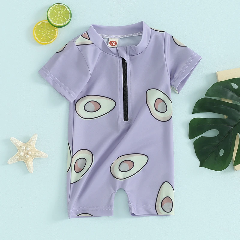 Toddler Girls Rash Guard Swimsuit Rompers Zipper Short Sleeve Avocado Print Kids Bathing Suit Baby Swimwear