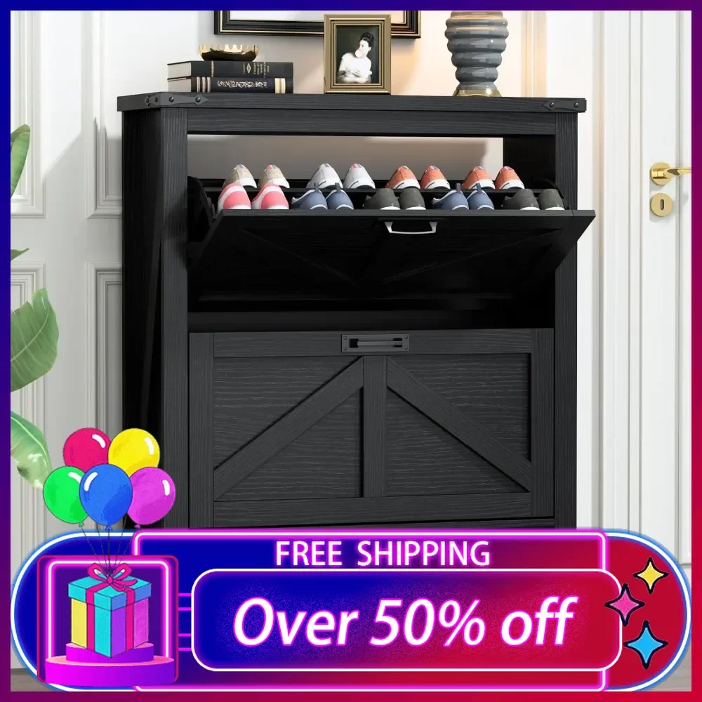 

Free Standing Tipping Bucket Shoe Rack Organizer with 2 Flip Drawers,Entryway Shoe Storage with Storage Cubby,Hidden Cabinet