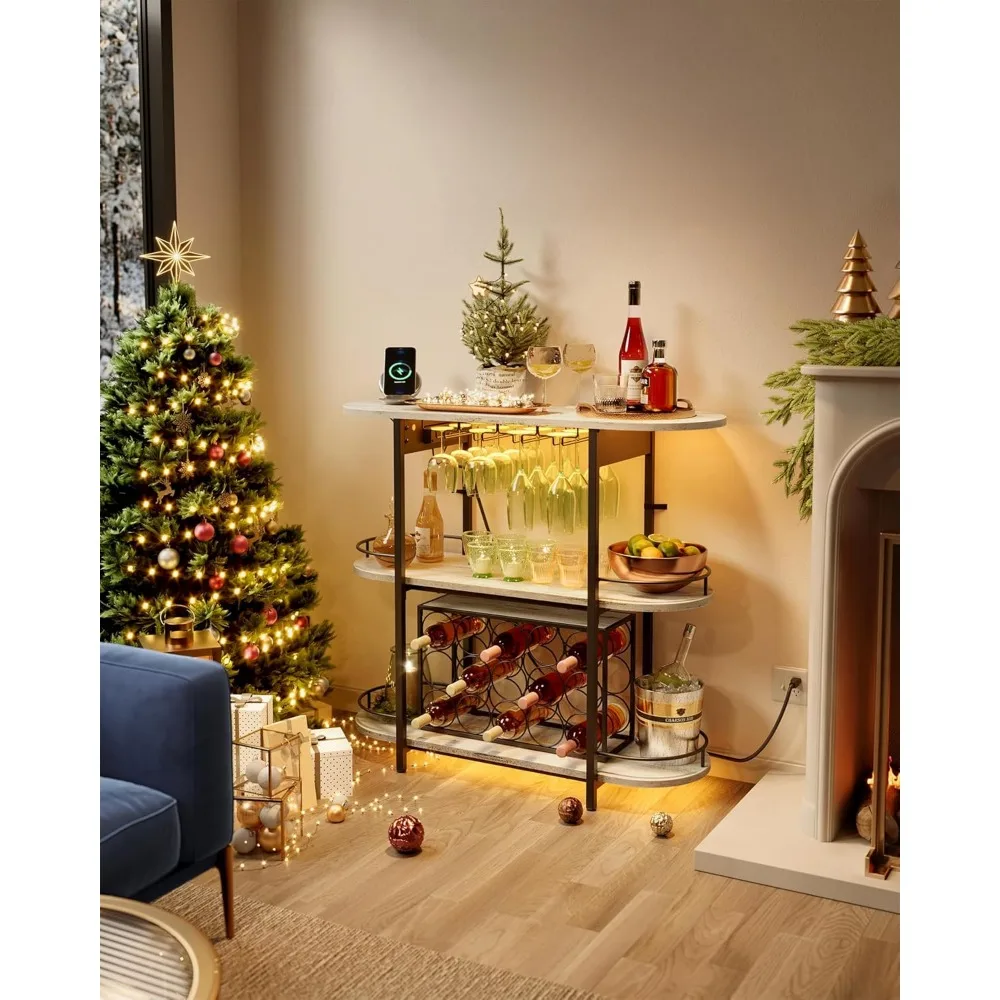 Lemari Bar Rumah dengan Lampu, Stopkontak Listrik, Penyimpanan Minuman Modular, dan Rak Anggur Terintegrasi dengan Tempat Gelas