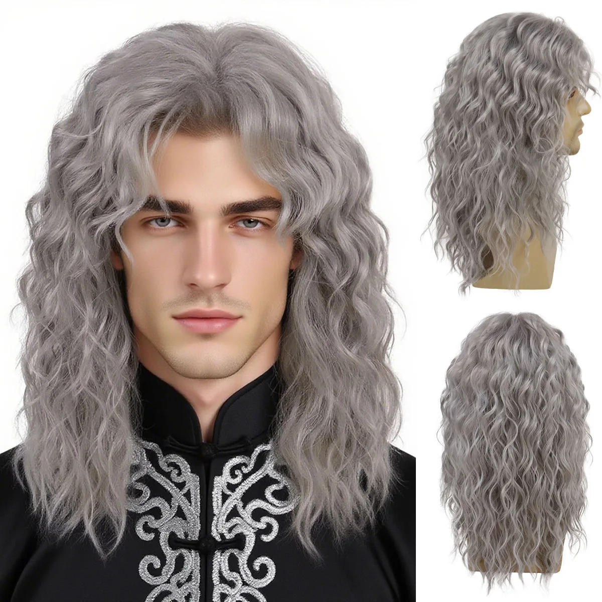 

Синтетические 20-дюймовые серые длинные волнистые парики для стариков, парик для косплея с челкой, костюм на Хэллоуин, вечерние, повседневный, термостойкий, аниме-парик