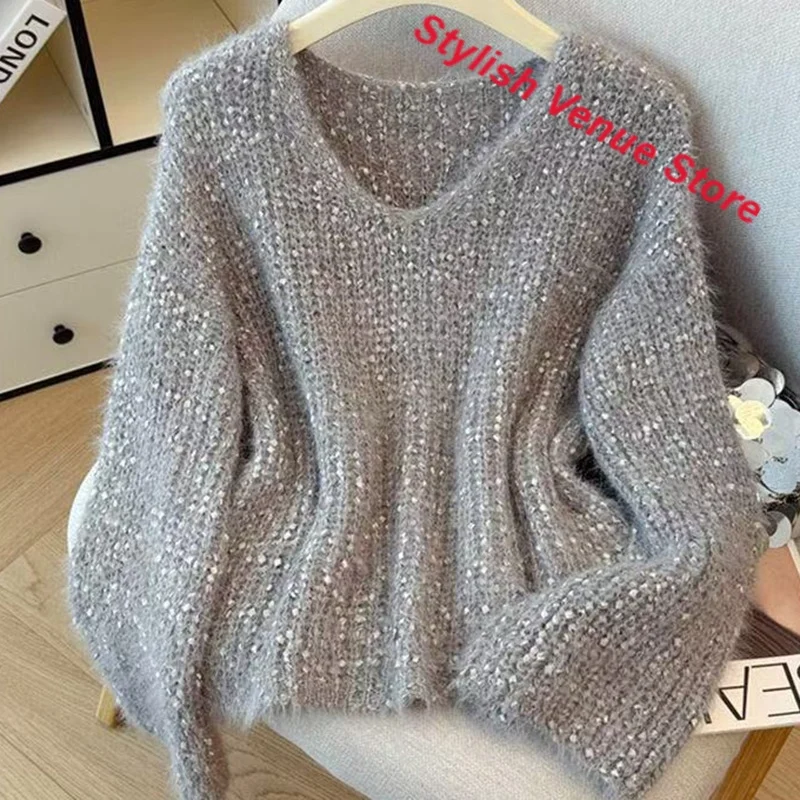 French Retro Fashion Chic Sequined V-Neck Sweater Women's Autumn and Winter Plus Size Wind High Sense Short Knitted Casual Top