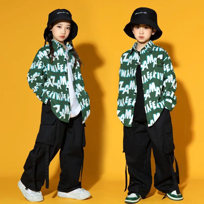 Ragazzi Hip Hop camicia stampata verde Joggers ragazze lettere camicetta Street Dance pantaloni larghi bambini Streetwear bambini vestiti Jazz