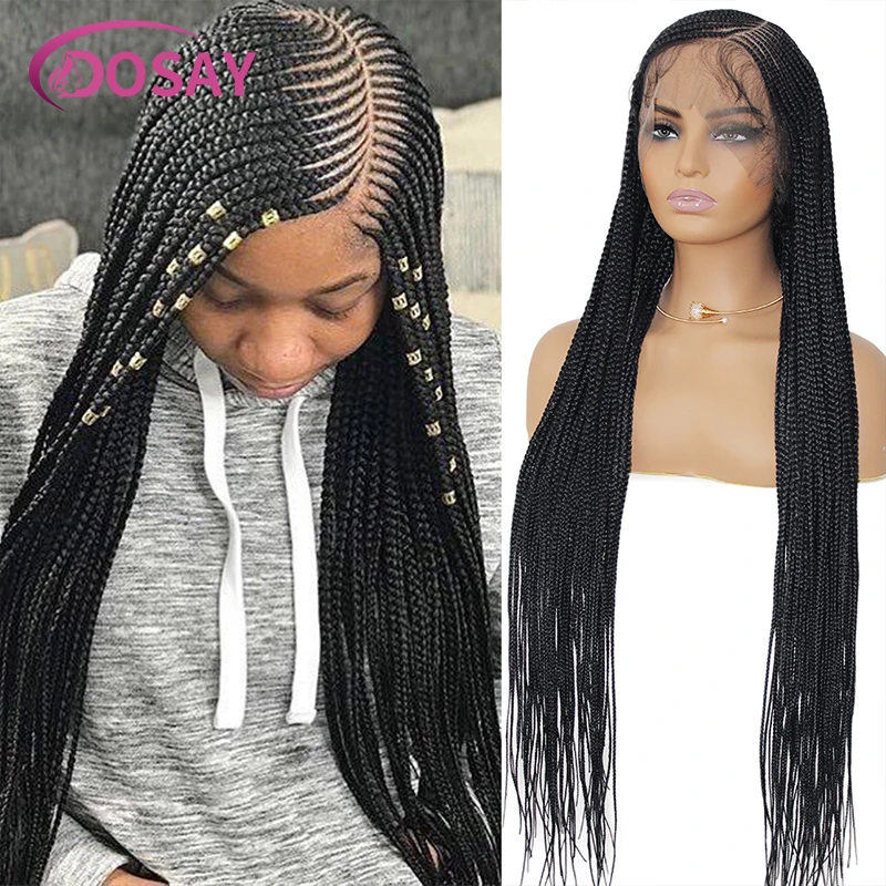 

36" Synthetic Side Part Cornrow Braided Wigs For Black Women Knotless Full Lace Braided Wigs Box Braids Wig Goddess Braiding Wig