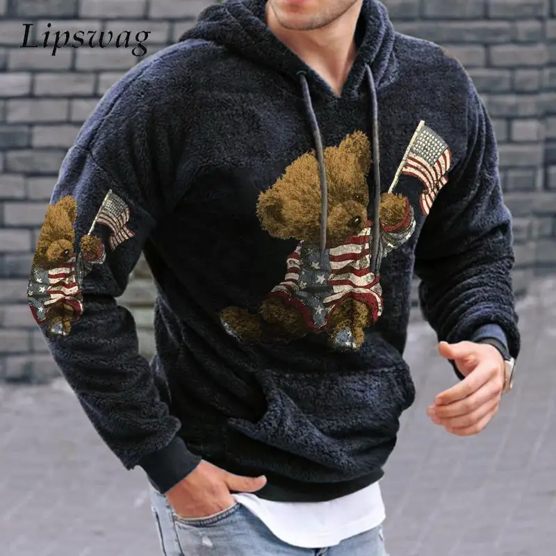 Fashion Fleece Hooded Sweatshirt Mens Vintage Embroidery Bears Hoodie Men Fall Winter Warm Wool Hoodies Casual Men's Streetwear