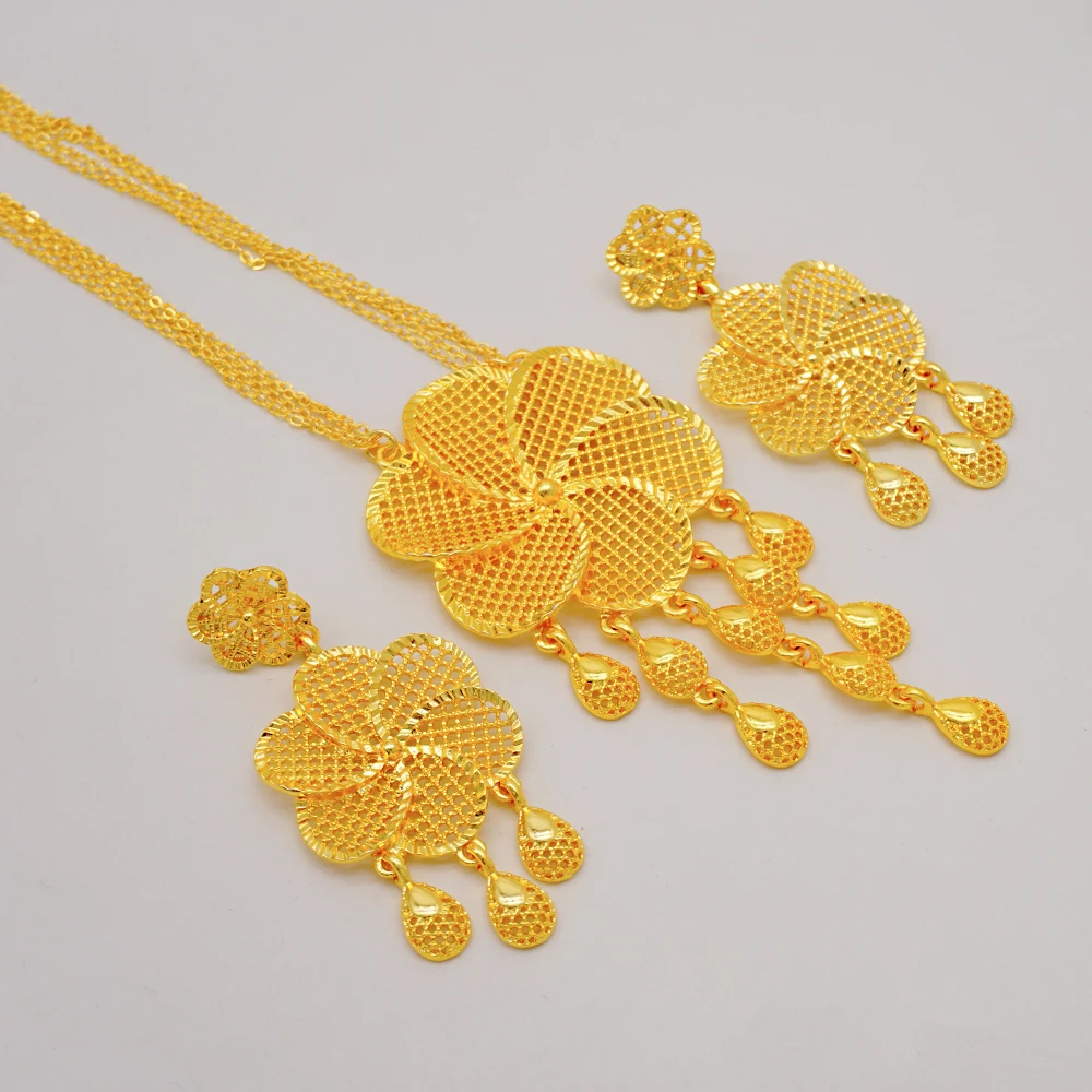Fashion Jewelry Set African Dubai Gold Color Flower Tassel Long Chain Necklace Earings Sets For Women Wedding Party Gifts image 3