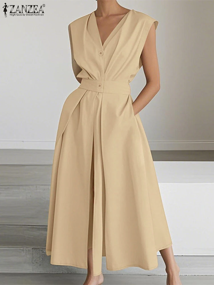 2025 ZANZEA แฟชั่น V คอ Sundress ยาว Robe ชุดสตรีฤดูร้อนชุดทํางานหรูหรา Casual ปุ่ม Vestidos