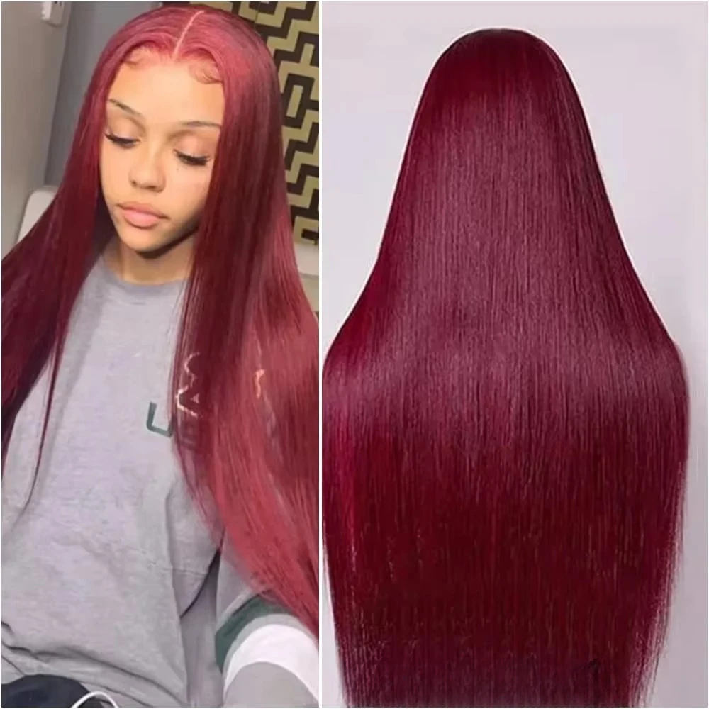 99j Burgundy Lace Front Human Hair Wig 36 Inch 13x6 Straight Lace Frontal Wigs HD Transparent Lace Colored Red Wig For Women