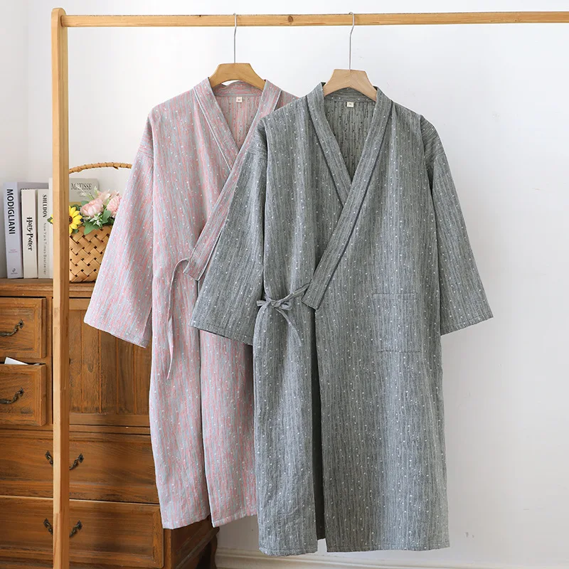 Women's 100%Cotton Loose Fitting Bathrobe Japanese Style Kimono with Belt Couples Bathrobe Sweat Steaming Pajamas Robes Women